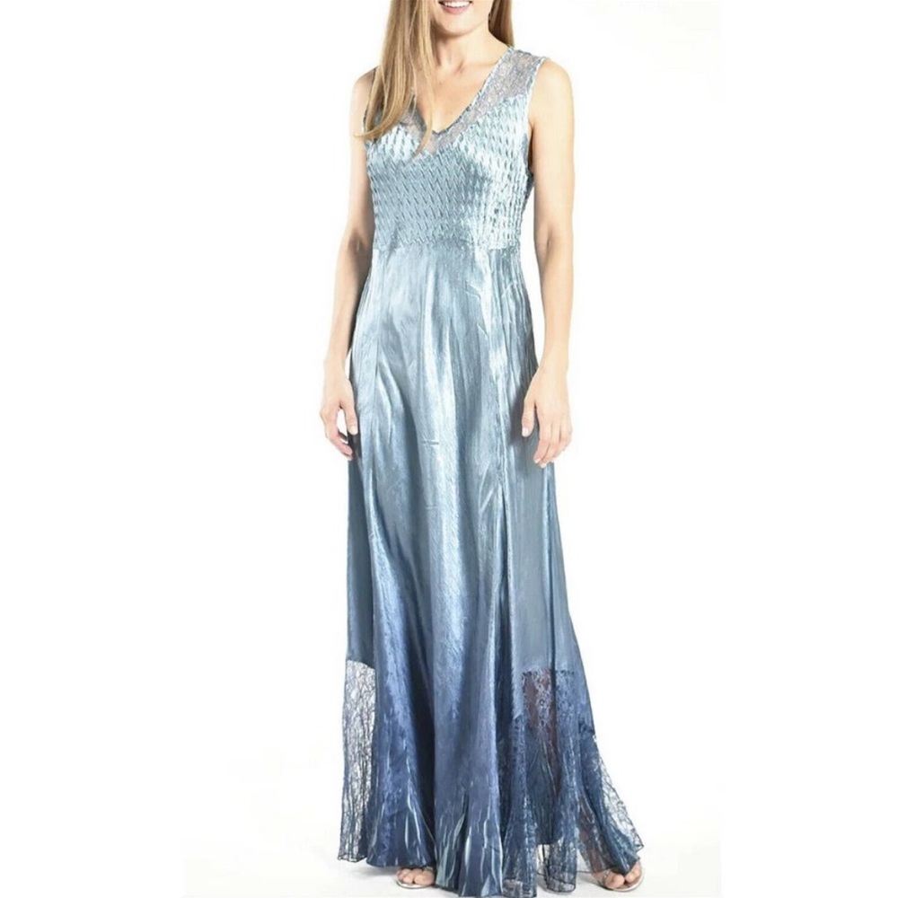 Nwt Komarov charmeuse ombré dress size large blue, lace up back, mermaid